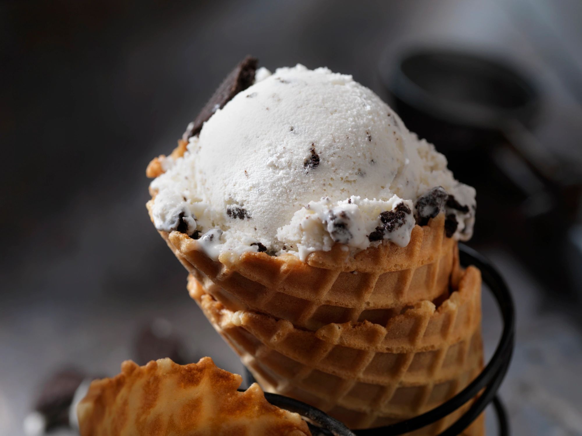 Cookies and cream ice cream in a waffle cone