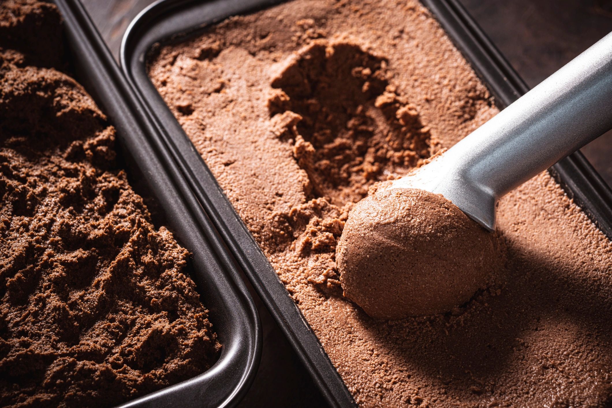 Chocolate ice cream scoop close-up